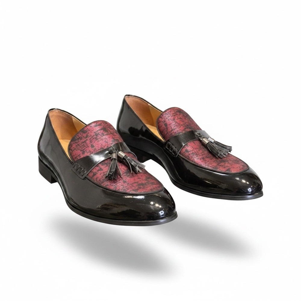 Jitai Mens 9 Black Red Shiny Faux Patent Leather Slide On Tassel Loafer Shoes